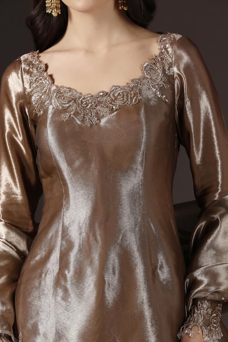 Buy_Pooja Peshoria_Gold Tissue, Shantoon Embroidery, Beads, Sequins Floral Kurta Sharara Set 