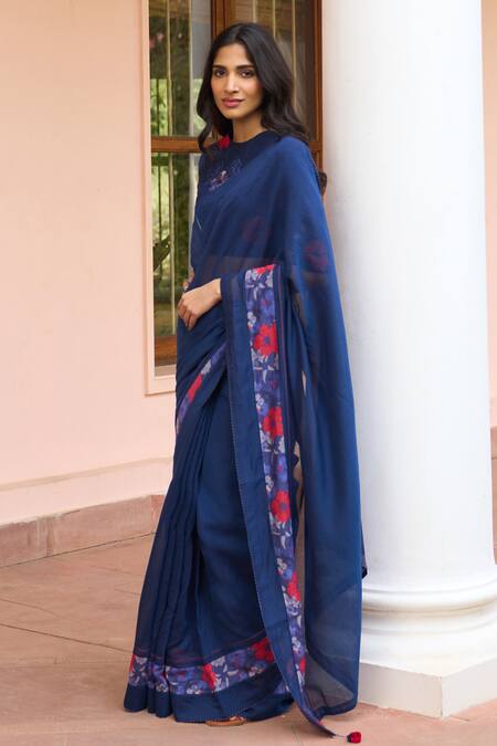 Vaayu Blue Muslin, Cotton Foil Printing, Embroidery, Sapphire Floral Saree With Blouse Online at Aza Fashions Vaayu_Blue Muslin, Cotton Foil Printing, Embroidery, Sapphire Floral Saree With Blouse _Online_at_Aza_Fashions