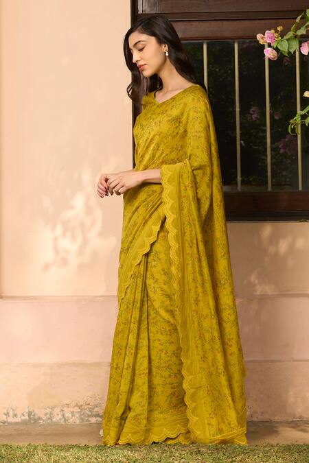 Shop_Vaayu_Yellow Muslin, Cotton Embroidery V-neck, Round Tuscany Floral Saree With Blouse _Online_at_Aza_Fashions