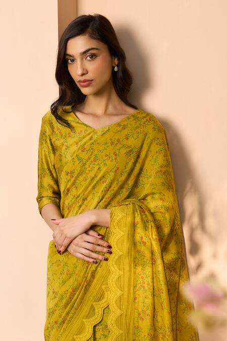 Vaayu_Yellow Muslin, Cotton Embroidery V-neck, Round Tuscany Floral Saree With Blouse _at_Aza_Fashions