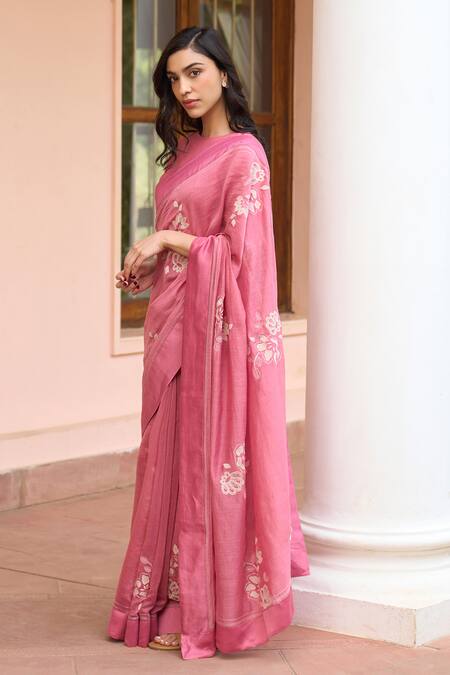 Buy_Vaayu_Pink Muslin, Cotton Applique Round Neck Hibiscus Saree With Blouse _Online_at_Aza_Fashions