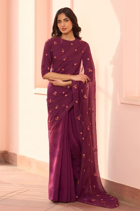 Vaayu Amethyst Floral Embroidered Saree With Blouse 