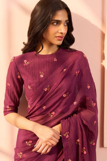 Buy_Vaayu_Purple Muslin, Cotton Embroidery Round Neck Amethyst Floral Saree With Blouse _Online_at_Aza_Fashions
