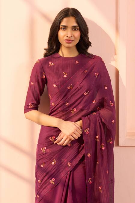 Shop_Vaayu_Purple Muslin, Cotton Embroidery Round Neck Amethyst Floral Saree With Blouse _Online_at_Aza_Fashions