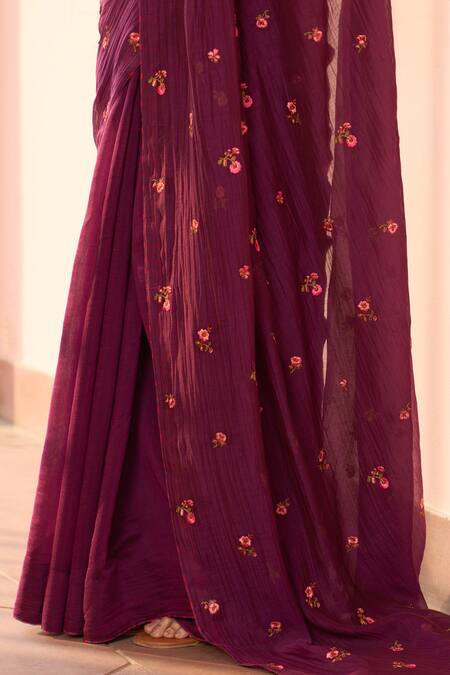 Vaayu_Purple Muslin, Cotton Embroidery Round Neck Amethyst Floral Saree With Blouse _at_Aza_Fashions