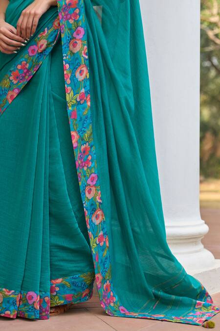Buy_Vaayu_Green Muslin, Cotton Tassels V-neck Teal Bloom Saree With Blouse _Online_at_Aza_Fashions