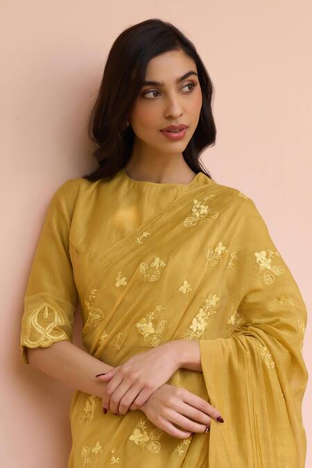 Buy Vaayu Yellow Muslin, Cotton Embroidery Round Neck Rue Thread Saree With Blouse Online at Aza Fashions Buy_Vaayu_Yellow Muslin, Cotton Embroidery Round Neck Rue Thread Saree With Blouse _Online_at_Aza_Fashions
