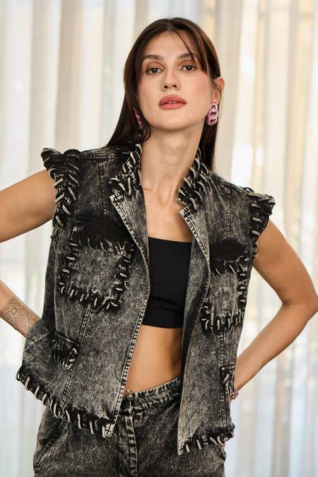 Kay Kay_Black Denim, Twill Embroidery Open Neck Massia Jacket And Pant Set _at_Aza_Fashions