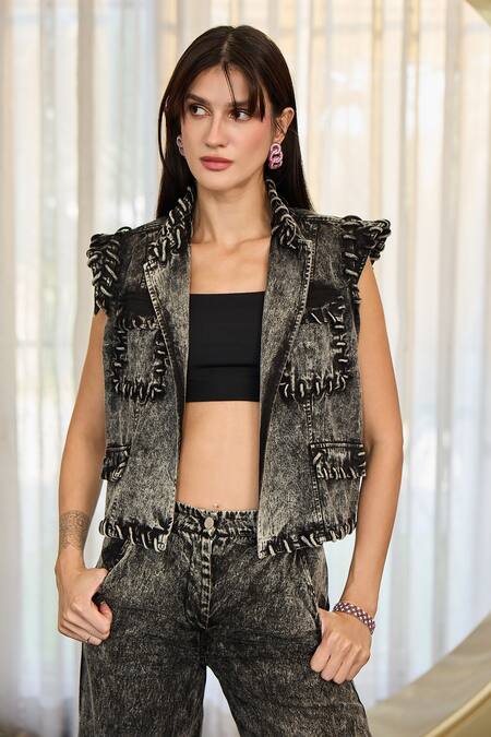Buy_Kay Kay_Black Denim, Twill Embroidery Open Neck Massia Jacket And Pant Set 