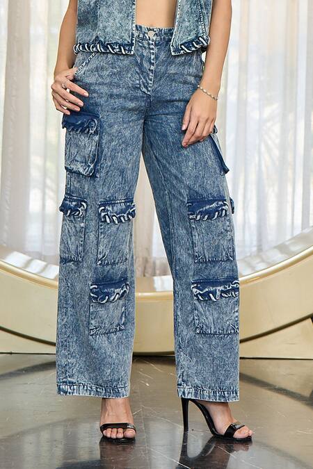 Buy_Kay Kay_Blue Denim, Twill Embroidery High Neck Smoky Jacket And Pant Set _Online_at_Aza_Fashions