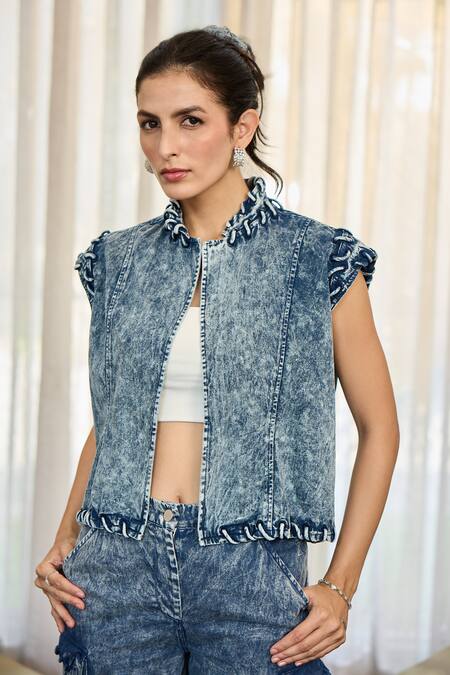 Buy_Kay Kay_Blue Denim, Twill Embroidery High Neck Smoky Jacket And Pant Set 