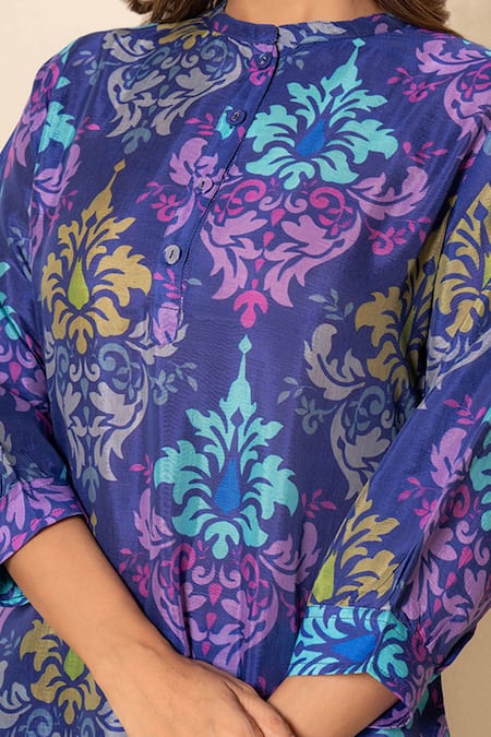 Buy_Kameez_Blue Bamboo, Silk Mandarin Collar Canvas Printed Kurta And Pant Set _Online_at_Aza_Fashions