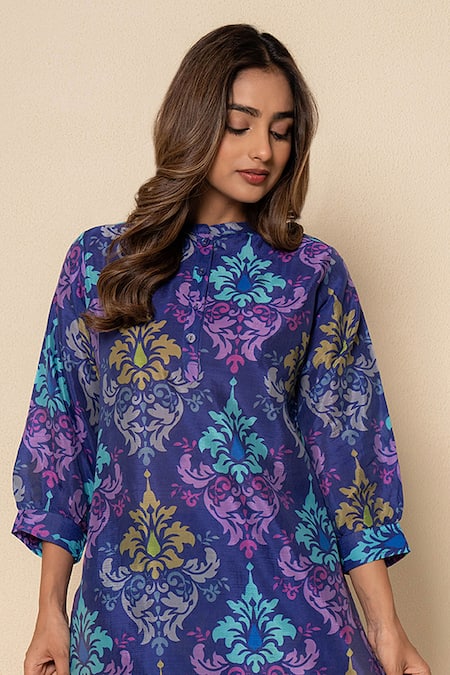 Shop_Kameez_Blue Bamboo, Silk Mandarin Collar Canvas Printed Kurta And Pant Set _Online_at_Aza_Fashions