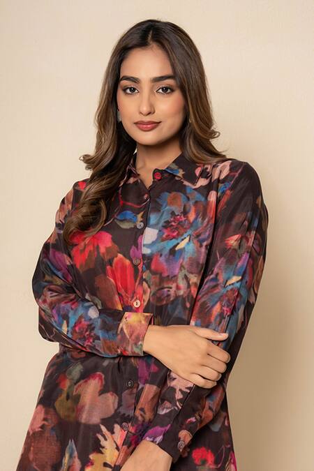 Shop_Kameez_Black Bamboo, Silk Collared Botanica Printed Shirt And Pant Co-ord Set _Online_at_Aza_Fashions