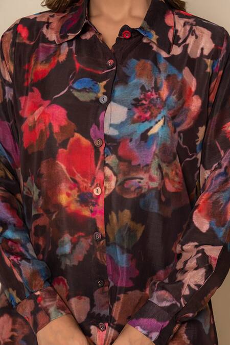 Kameez_Black Bamboo, Silk Collared Botanica Printed Shirt And Pant Co-ord Set _at_Aza_Fashions