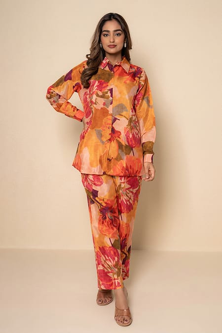 Kameez Coral Amber Floral Print Shirt & Pant Co-ord Set 
