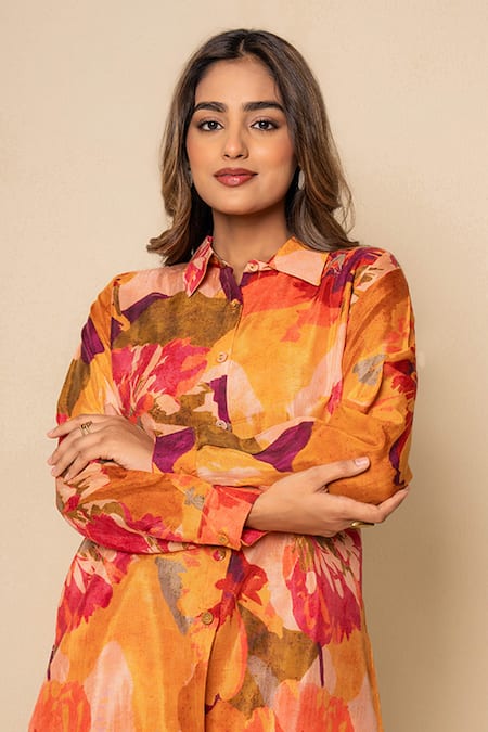 Buy_Kameez_Orange Bamboo Collared Coral Amber Print Shirt And Pant Co-ord Set 