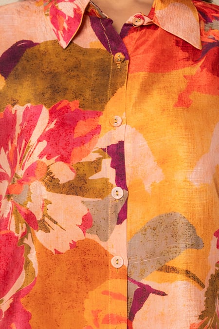 Shop_Kameez_Orange Bamboo Collared Coral Amber Print Shirt And Pant Co-ord Set 