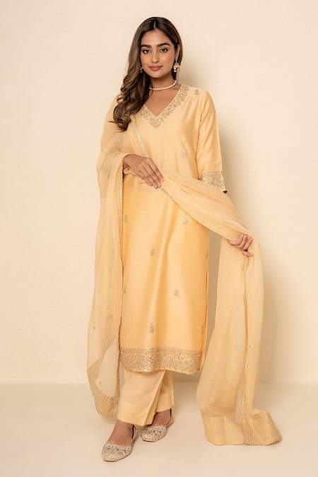 Shop_Kameez_Cream Chanderi, Cotton, Kota Doria Patti, Embroidery, Lace V-neck Kurta Set _Online_at_Aza_Fashions