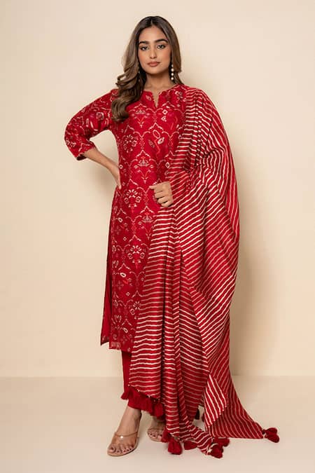 Kameez Twilight Red Hand Print Chanderi Kurta Set 