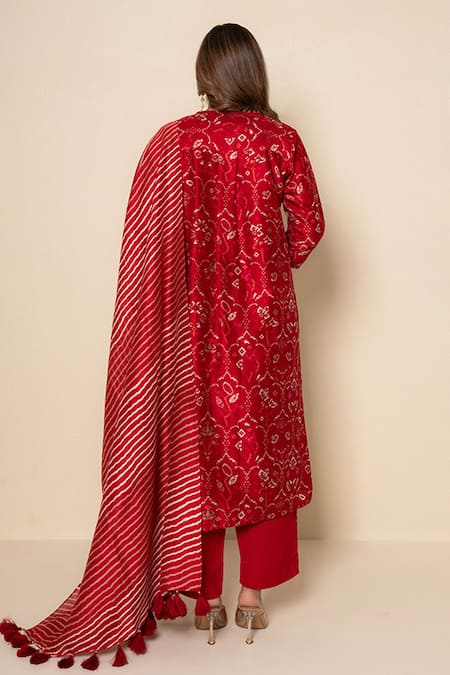 Kameez Twilight Red Hand Print Chanderi Kurta Set 