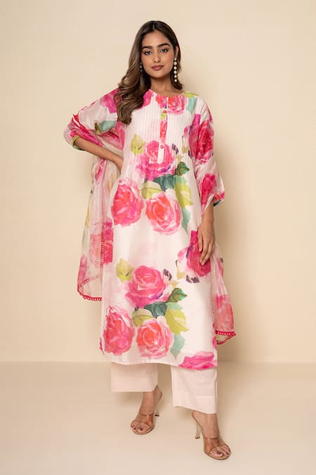 Kameez Pearl Rose Print Chanderi Kurta Set 