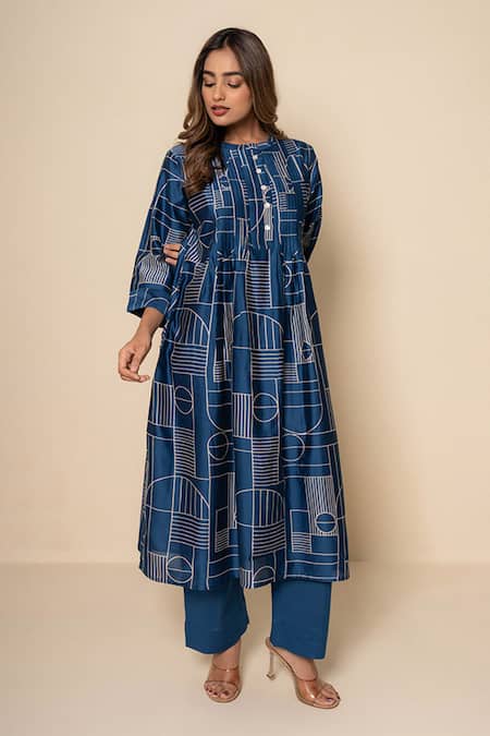 Kameez Blue Mosaic Hand Print Chanderi Kurta & Pant Set 