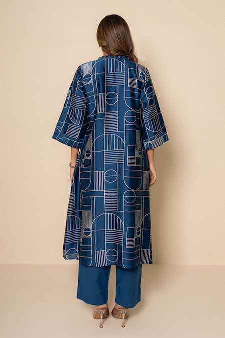 Kameez Blue Mosaic Hand Print Chanderi Kurta & Pant Set 