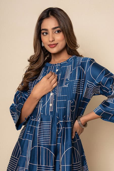 Shop_Kameez_Blue Chanderi, Cotton Round Neck Mosaic Hand Print Kurta And Pant Set _Online_at_Aza_Fashions