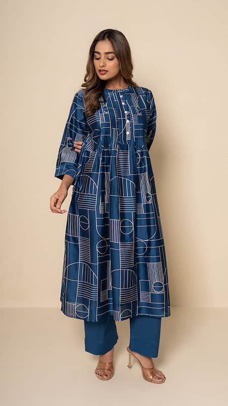Buy_Kameez_Blue Chanderi, Cotton Round Neck Mosaic Hand Print Kurta And Pant Set 