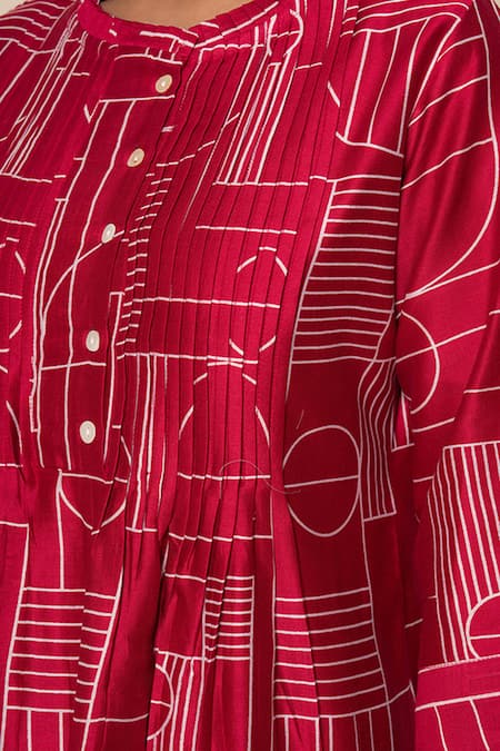 Shop_Kameez_Magenta Chanderi, Cotton Round Neck Blush Reverie Hand Print Kurta And Pant Set _Online_at_Aza_Fashions