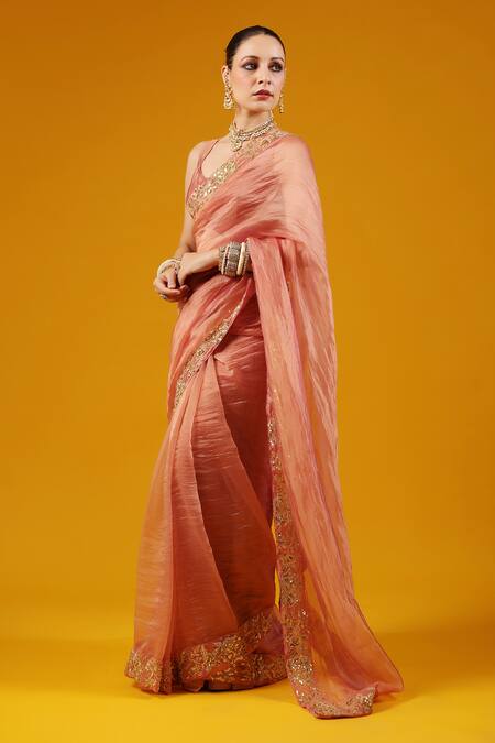 Baaro Masi_Rose Gold Silk Sequins, Zari, Embroidery V-neck Saree And Blouse Set _Online_at_Aza_Fashions