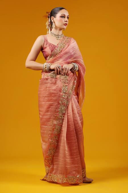 Buy_Baaro Masi_Rose Gold Silk Sequins, Zari, Embroidery V-neck Saree And Blouse Set _Online_at_Aza_Fashions
