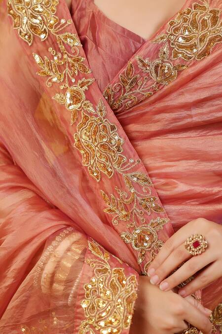 Shop_Baaro Masi_Rose Gold Silk Sequins, Zari, Embroidery V-neck Saree And Blouse Set _Online_at_Aza_Fashions