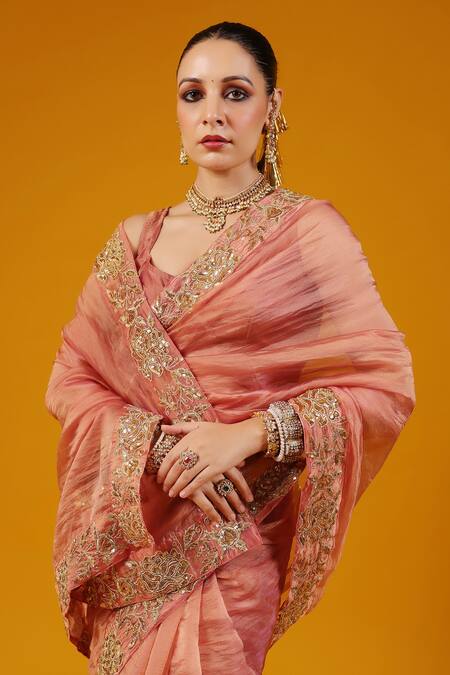 Baaro Masi_Rose Gold Silk Sequins, Zari, Embroidery V-neck Saree And Blouse Set _at_Aza_Fashions