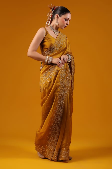Buy_Baaro Masi_Gold Silk Sequins, Zari, Embroidery V-neck Saree And Blouse Set _Online_at_Aza_Fashions