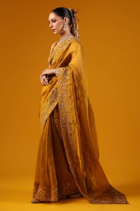 Shop_Baaro Masi_Gold Silk Sequins, Zari, Embroidery V-neck Saree And Blouse Set _Online_at_Aza_Fashions