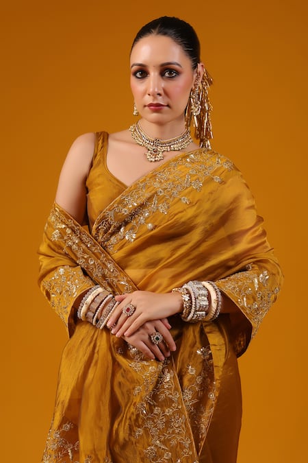 Baaro Masi_Gold Silk Sequins, Zari, Embroidery V-neck Saree And Blouse Set _at_Aza_Fashions