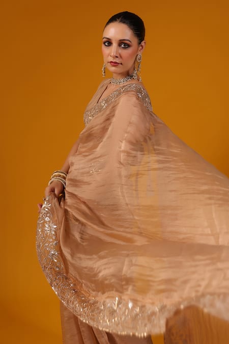 Buy_Baaro Masi_Silver Silk Sequins, Zari V-neck Embroidered Border Saree With Blouse _Online_at_Aza_Fashions