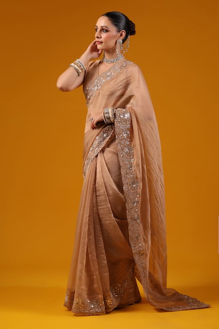 Baaro Masi_Silver Silk Sequins, Zari V-neck Embroidered Border Saree With Blouse _at_Aza_Fashions