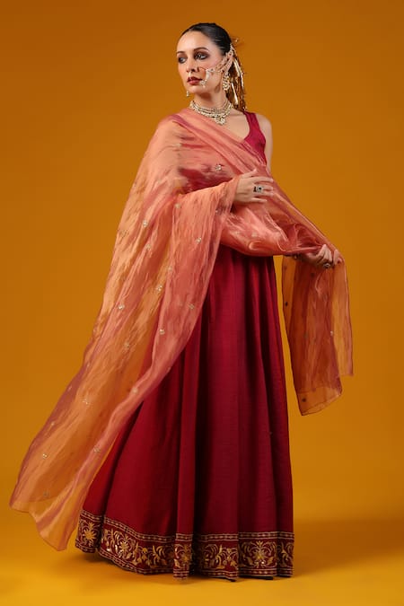 Baaro Masi_Magenta Silk, Cotton, Organza Sequins, Zari, Embroidery Border Lehenga Set _Online_at_Aza_Fashions