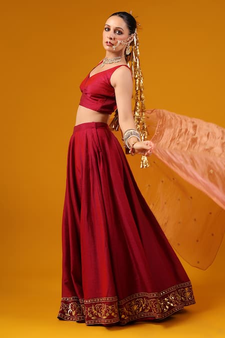 Buy_Baaro Masi_Magenta Silk, Cotton, Organza Sequins, Zari, Embroidery Border Lehenga Set _Online_at_Aza_Fashions