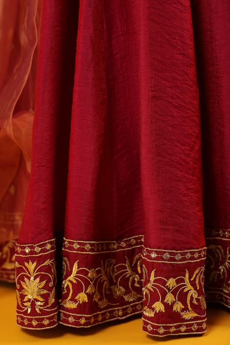 Baaro Masi_Magenta Silk, Cotton, Organza Sequins, Zari, Embroidery Border Lehenga Set _at_Aza_Fashions