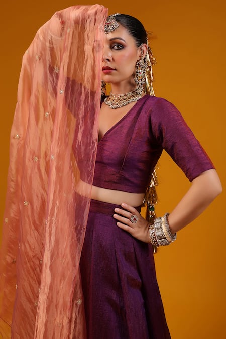 Baaro Masi_Purple Silk, Cotton, Organza Zari, Sequins, Embroidery V-neck Hand Lehenga Set _Online_at_Aza_Fashions
