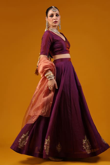 Buy_Baaro Masi_Purple Silk, Cotton, Organza Zari, Sequins, Embroidery V-neck Hand Lehenga Set _Online_at_Aza_Fashions