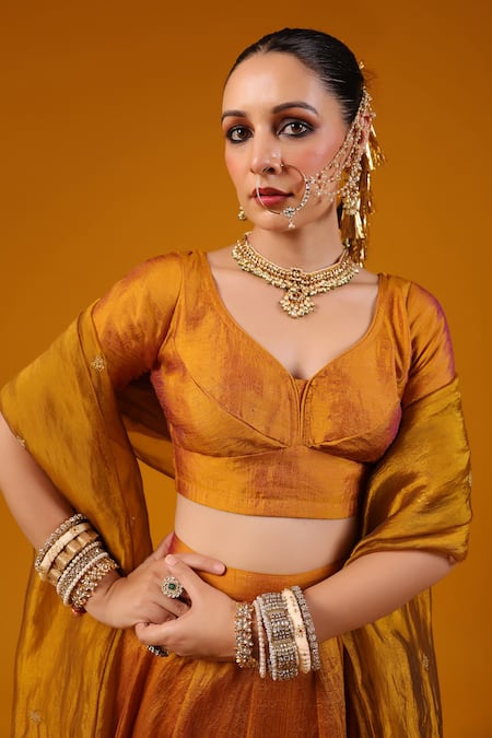 Baaro Masi_Gold Silk, Cotton Sequins, Zari, Beads, Embroidery V-neck Cut Dana Lehenga Set _Online_at_Aza_Fashions