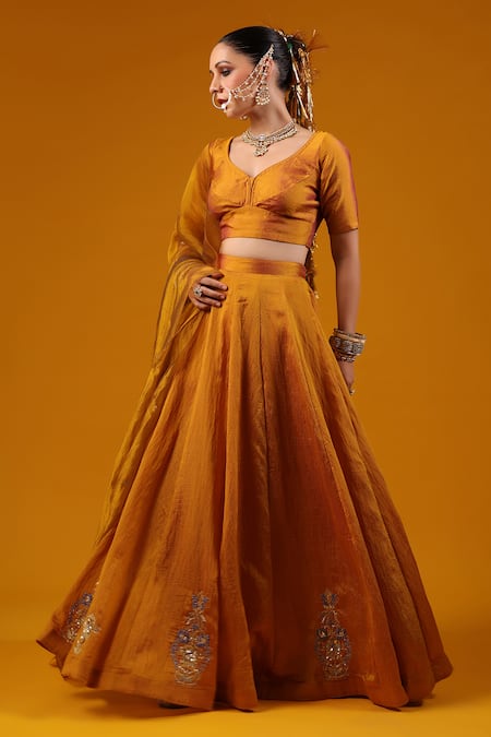 Buy_Baaro Masi_Gold Silk, Cotton Sequins, Zari, Beads, Embroidery V-neck Cut Dana Lehenga Set _Online_at_Aza_Fashions