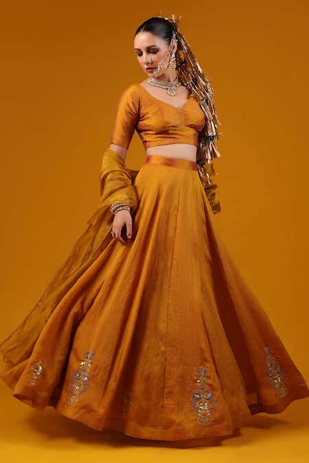 Shop_Baaro Masi_Gold Silk, Cotton Sequins, Zari, Beads, Embroidery V-neck Cut Dana Lehenga Set _Online_at_Aza_Fashions