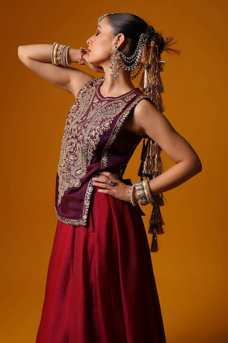 Baaro Masi_Purple Silk, Cotton Sequins, Zari Round Neck Embroidered Kurta And Lehenga Set _at_Aza_Fashions