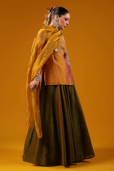 Buy_Baaro Masi_Green Silk Sequins, Zari, Embroidery Scoop Neck Kurta Lehenga Set _Online_at_Aza_Fashions